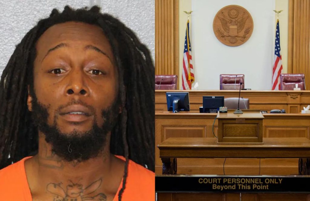 Two images, one of the dark-skinned attacker with dreadlocks and next to it one of the major U.S. courts