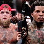 On one side, Jake Paul walking out of one of his fights wearing a red cap, and on the other, Gervonta Davis holding a black championship belt