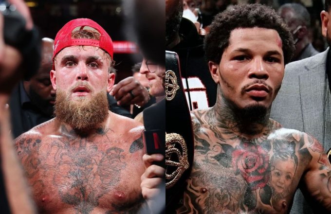 On one side, Jake Paul walking out of one of his fights wearing a red cap, and on the other, Gervonta Davis holding a black championship belt