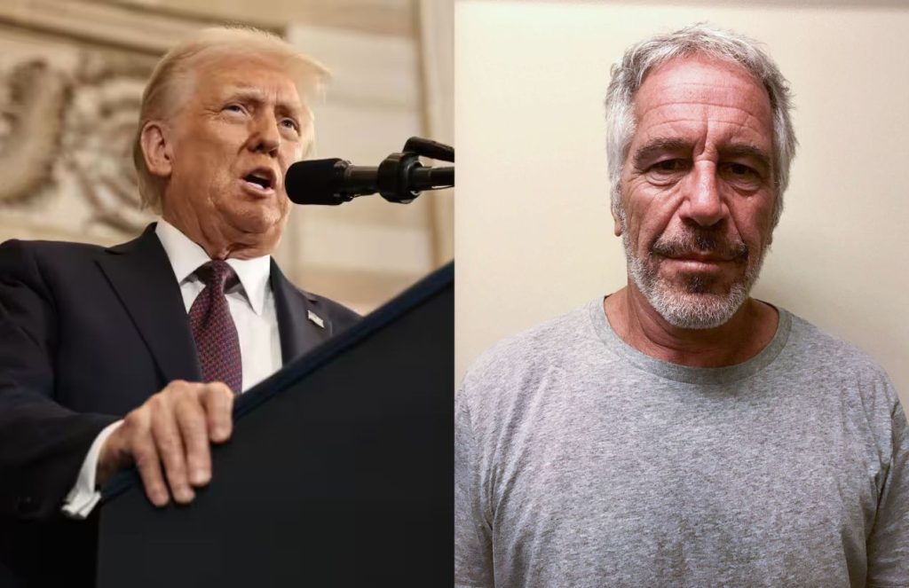 Trump standing at a podium speaking to the public, and in another image Epstein posing for the camera as an inmate