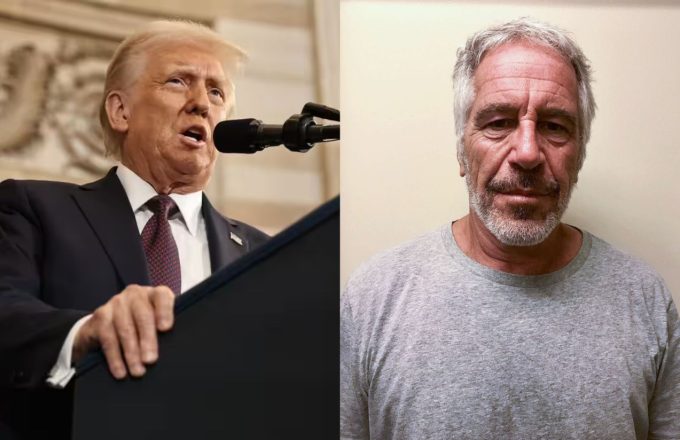 Trump standing at a podium speaking to the public, and in another image Epstein posing for the camera as an inmate
