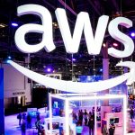 The initials of Amazon Web Services displayed at a technology company exhibition