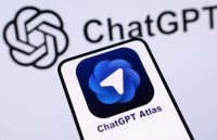 The Atlas app open on a smartphone with the word “ChatGPT” displayed in the background