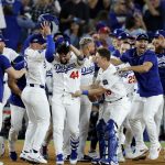 Several players from the Los Angeles team celebrating their advance to the National League finals