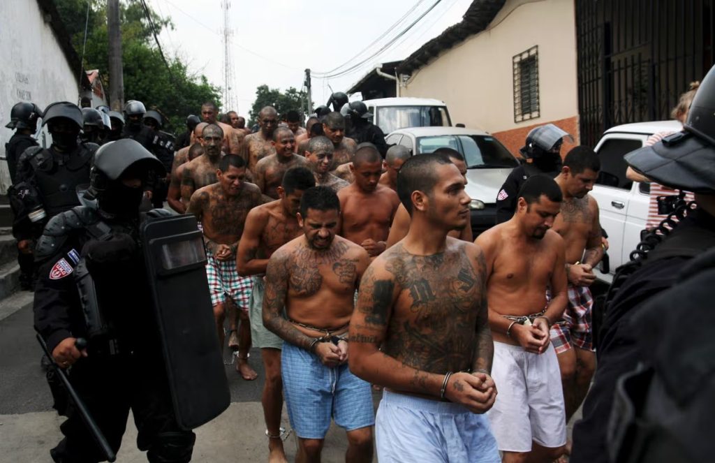 Several Mara Salvatrucha gang inmates being escorted to a transport vehicle while surrounded by heavily armed police officers