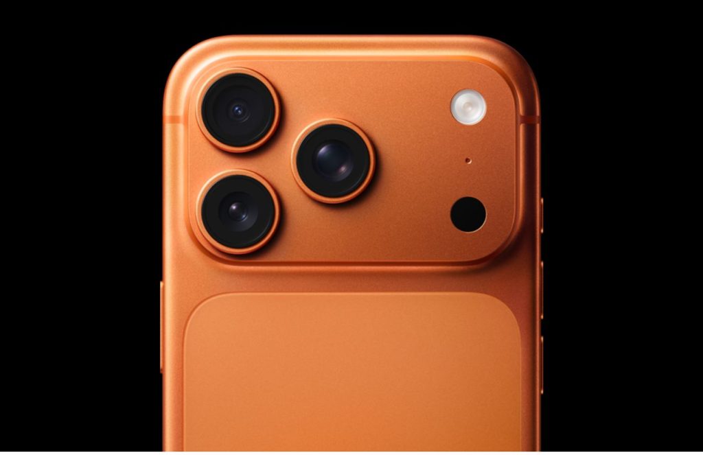 The back of the iPhone 17 Pro featuring its three cameras, entirely in orange