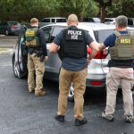 Three ICE agents stopping a car to conduct an immigration check