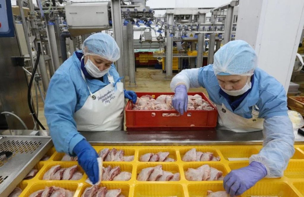 Hormel recalls 2,200 tons of frozen chicken over metal contamination risk in the United States ChatGPT Plus Two workers packing chicken into yellow boxes