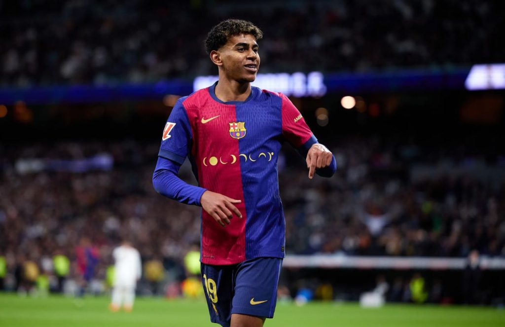Lamine performing the “I’m here” celebration after scoring a stunning goal at the Santiago Bernabéu against the home team