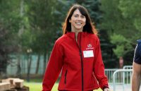 The billionaire woman wearing a red jacket during one of her walks in the park