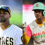 The two Padres players, one celebrating a recent hit and the other looking up at the sky as he watches the ball leave the field