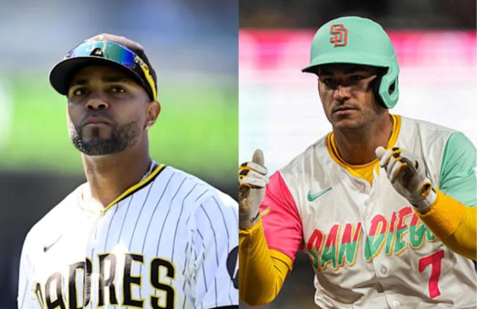The two Padres players, one celebrating a recent hit and the other looking up at the sky as he watches the ball leave the field