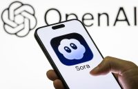 A hand opening the Sora app on a smartphone, with a large OpenAI sign visible in the background