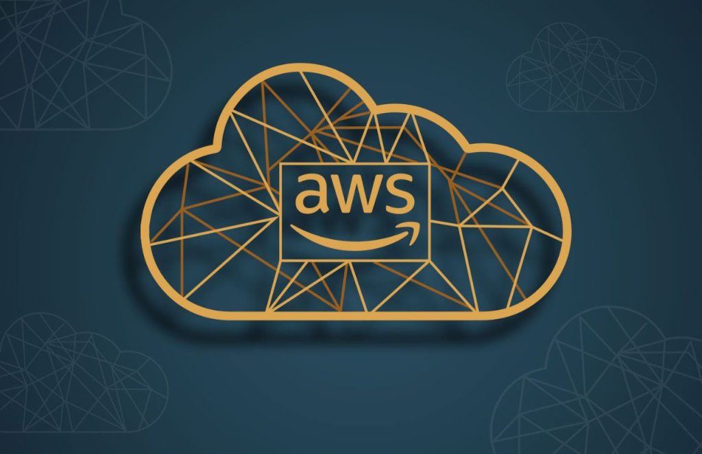 The initials AWS inside a cloud, all in gold with a dark blue background