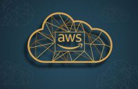 The initials AWS inside a cloud, all in gold with a dark blue background