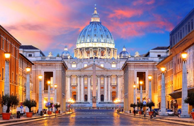A panoramic night view of the Vatican with its incredible monuments