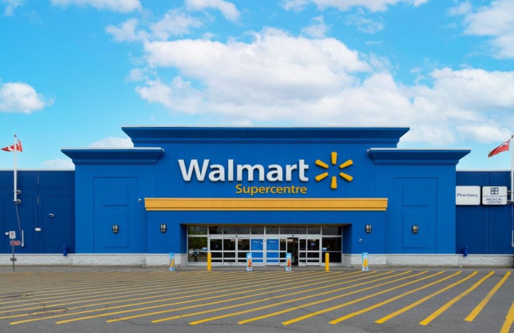 One of Walmart’s branches seen from the outside, with no people nearby and its striking blue color standing out