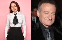 On one side, Zelda poses on the red carpet wearing an elegant yet serious outfit, while on the other, her father is dressed in a black suit, smiling at the camera