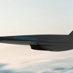 A black airplane with a futuristic design flying through the sky