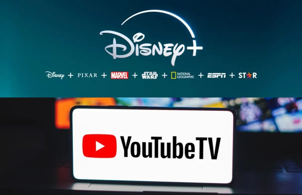 Disney and YouTube TV reach agreement: ESPN and ABC return after dispute On one side, the Disney logo is displayed along with all its entertainment channels, and on the other side, a cellphone shows the words YouTube TV