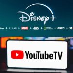 On one side, the Disney logo is displayed along with all its entertainment channels, and on the other side, a cellphone shows the words YouTube TV