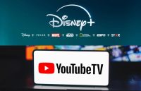 On one side, the Disney logo is displayed along with all its entertainment channels, and on the other side, a cellphone shows the words YouTube TV