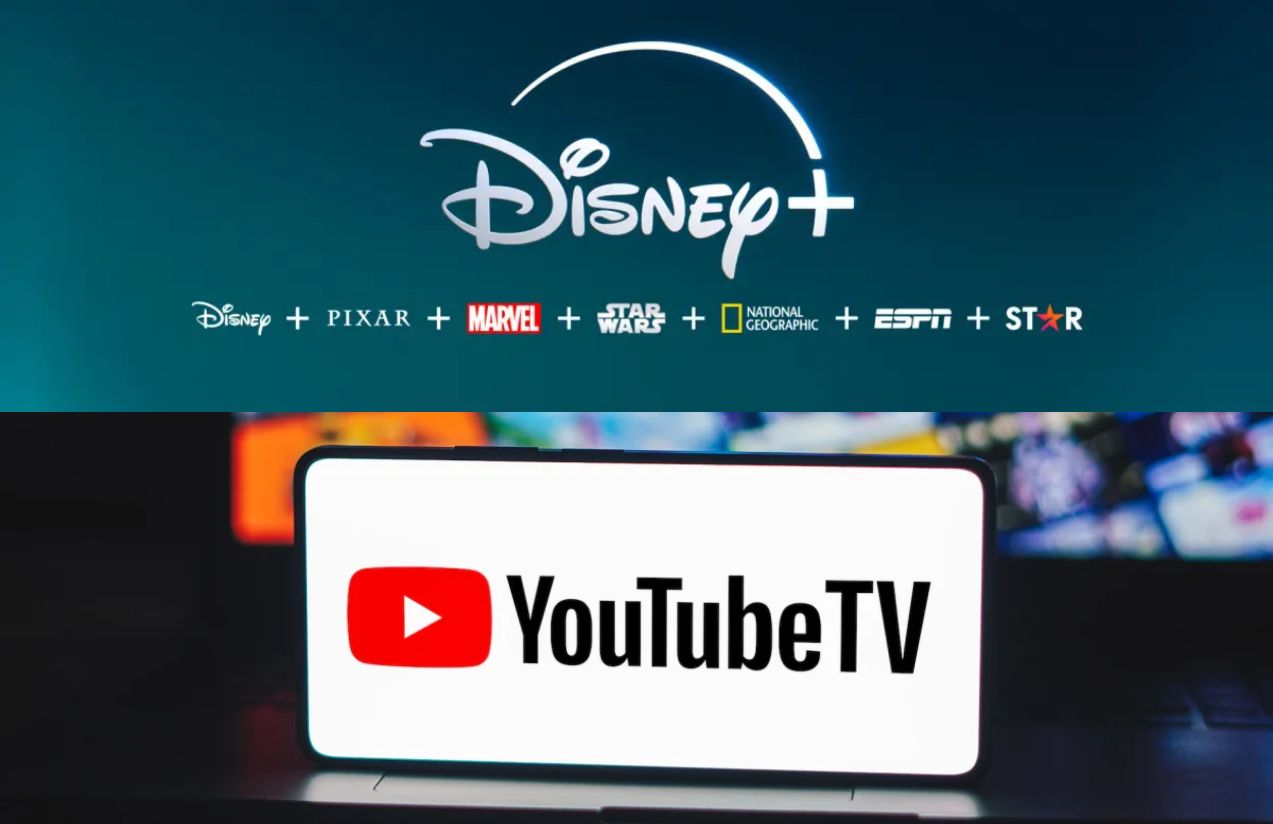 On one side, the Disney logo is displayed along with all its entertainment channels, and on the other side, a cellphone shows the words YouTube TV