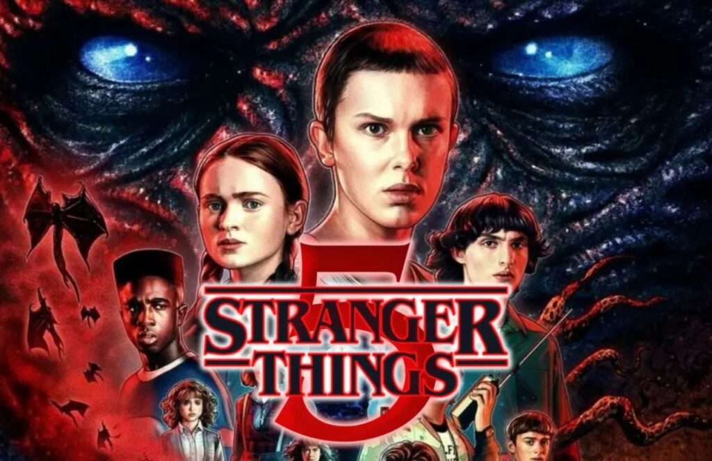 A poster of Stranger Things season 5 featuring the main characters of the series, with Vecna behind them