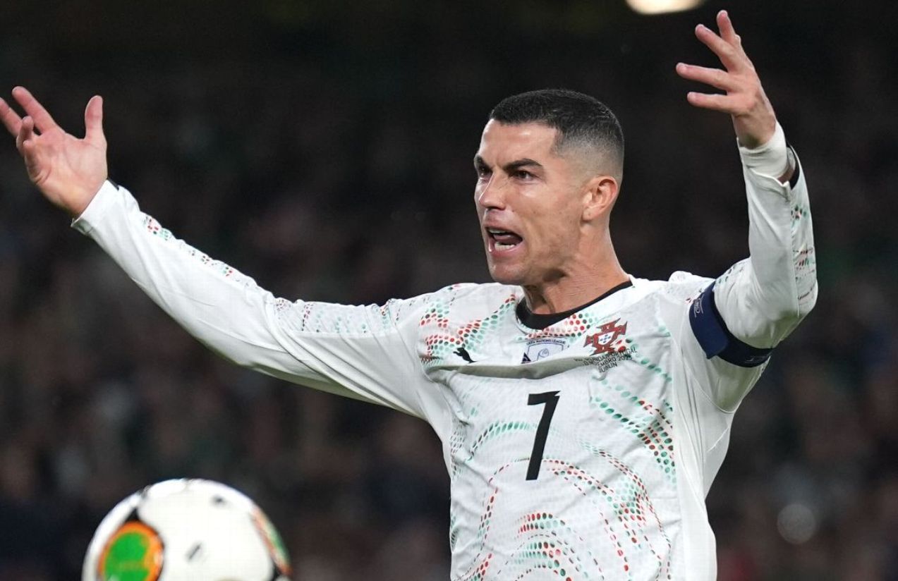 Cristiano Ronaldo with an annoyed expression, complaining about a decision that was made