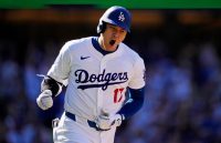 The Japanese hitter celebrating with euphoria after a home run hit