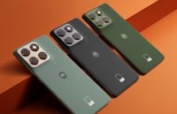 The new Motorola smartphone displayed against a wall, showcasing its different color tones