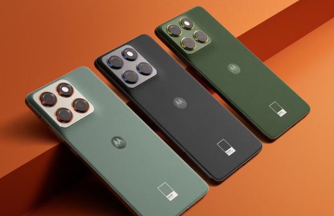 The new Motorola smartphone displayed against a wall, showcasing its different color tones