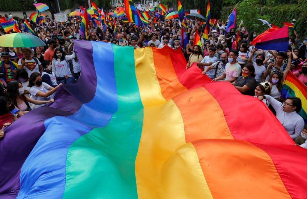 Many LGBTQ+ people holding one of the movement’s flags in the middle of a march