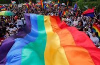 Many LGBTQ+ people holding one of the movement’s flags in the middle of a march