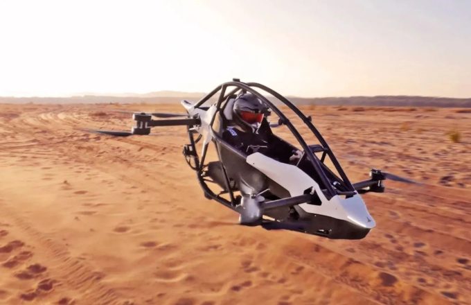 the new personal helicopter flying over what appears to be a desert