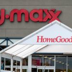 One of the TJ Maxx stores seen from the front, featuring its signature beige and red colors