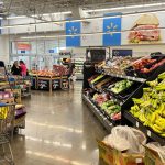 A Walmart market displaying its products on the shelves