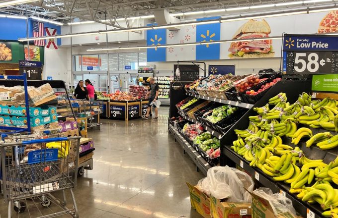 A Walmart market displaying its products on the shelves
