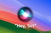 The green, white, and pink circular icon representing Siri above the words "Hey Siri"