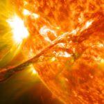 An artificial image of the Sun releasing a massive burst of energy heading toward the solar system