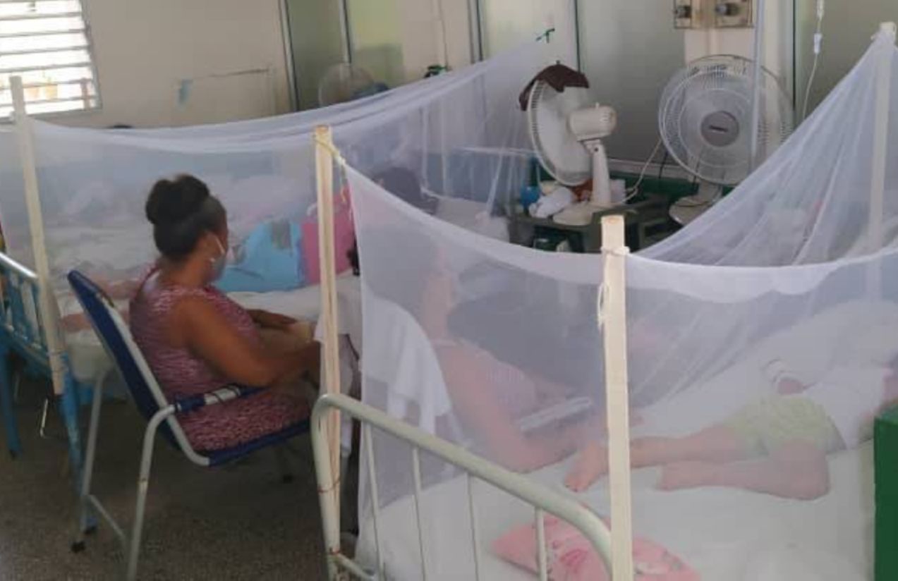 A person taking care of someone who is hospitalized on a stretcher due to dengue