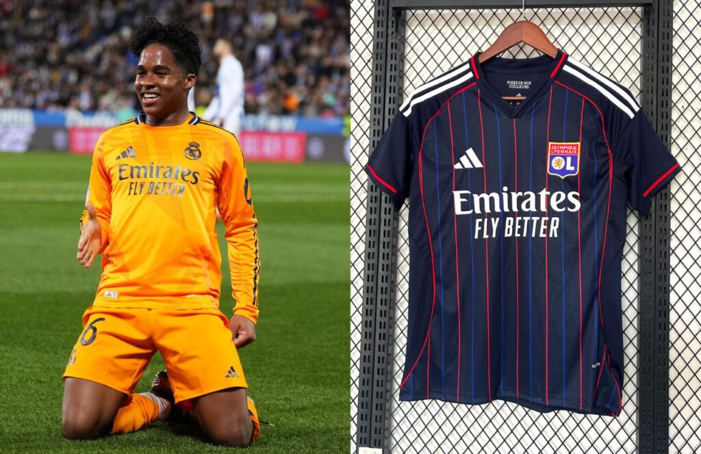 On one side, the young Brazilian player celebrating a goal, and next to him, a jersey of the French team
