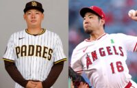 Both Japanese players: one posing seriously for the cameras, and the other delivering an unhittable pitch from the mound