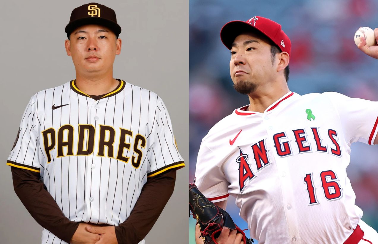 Both Japanese players: one posing seriously for the cameras, and the other delivering an unhittable pitch from the mound