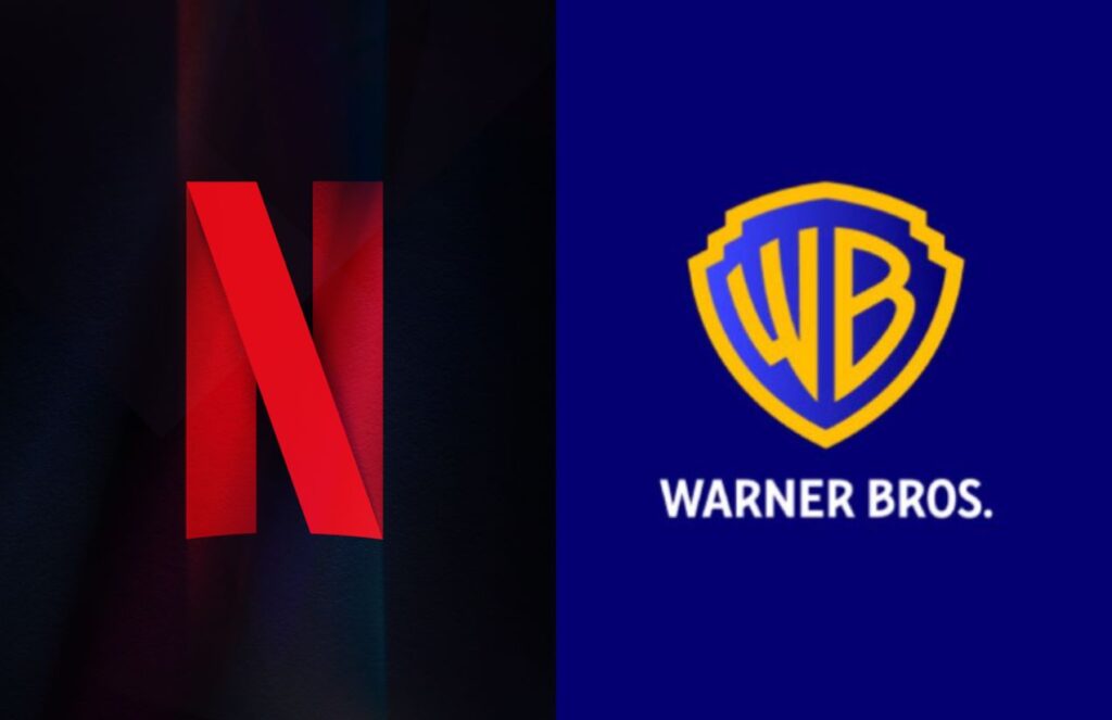 On one side, the red Netflix logo on a black background, and on the other, the golden Warner logo on a blue background