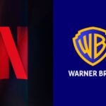 On one side, the red Netflix logo on a black background, and on the other, the golden Warner logo on a blue background