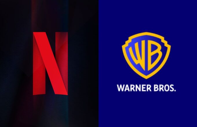 On one side, the red Netflix logo on a black background, and on the other, the golden Warner logo on a blue background