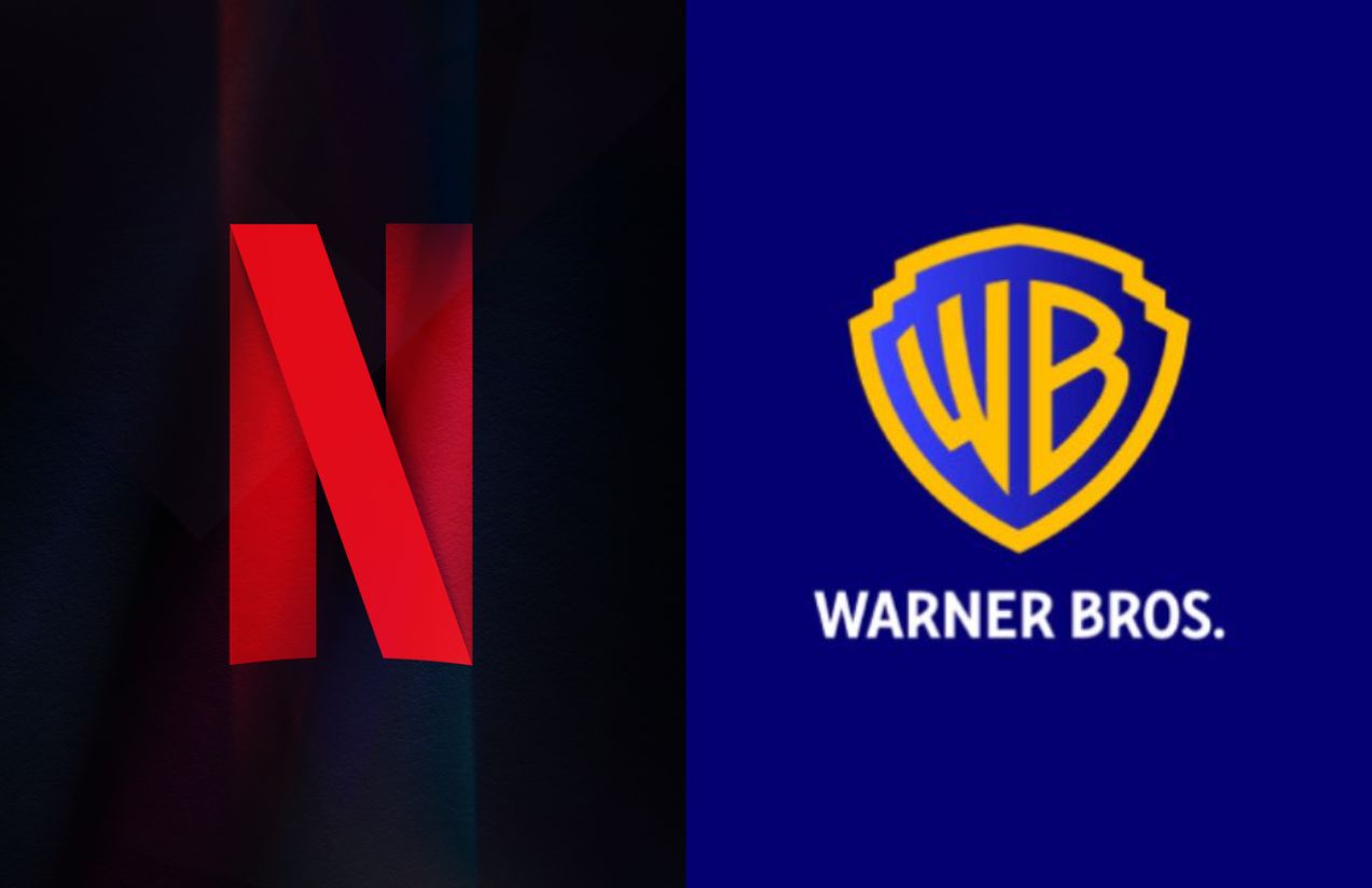 On one side, the red Netflix logo on a black background, and on the other, the golden Warner logo on a blue background
