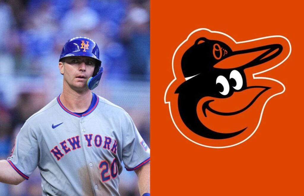 On one side, the former New York Mets player wearing his gray uniform, and on the other, the Orioles’ logo, which resembles a bird with a cap