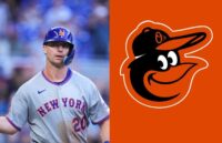 On one side, the former New York Mets player wearing his gray uniform, and on the other, the Orioles’ logo, which resembles a bird with a cap